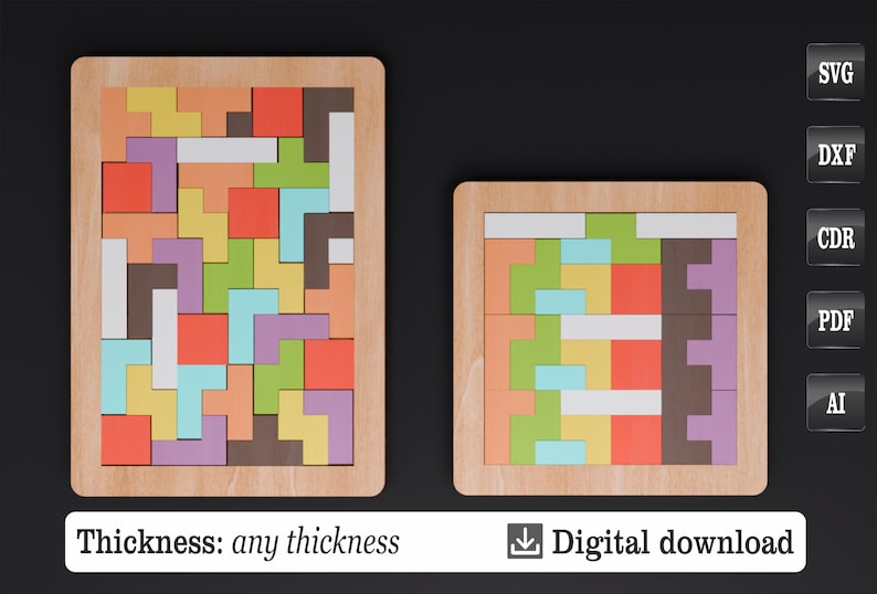 K&ouml;nnte beinhalten: Zwei Holzpuzzles im Tetris-Stil mit bunten geometrischen Formen. Die Puzzles befinden sich in Holzrahmen, einer rechteckig und einer quadratisch. Das Bild enth&auml;lt den Text "Dicke: jede Dicke" und "Digitaler Download".