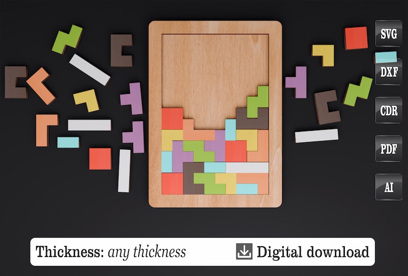K&ouml;nnte beinhalten: Holzpuzzle mit bunten geometrischen Formen, teilweise in einem Holzrahmen zusammengesetzt. Das Bild enth&auml;lt den Text "Thickness: any thickness" und "Digital download". Verschiedene Dateiformat-Symbole sind ebenfalls vorhanden.