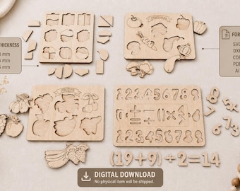 May include: A set of four light-coloured wooden puzzle boards featuring cutouts for fruits, vegetables, numbers, and mathematical symbols. The boards include loose wooden pieces, with text indicating thicknesses of 3 mm, 4 mm, and 6 mm, plus file formats SVG, DXF, CDR, PDF, and AI. The text reads Digital Download.