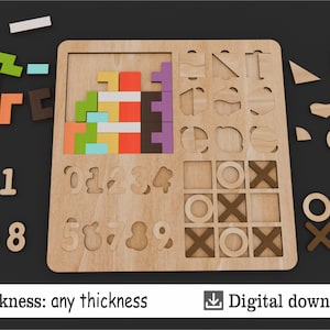 Jeu de société multifonction - fichier SVG – Découpe laser - Tetris, puzzles Montessori, Tic-Tac-Toe et chiffres.