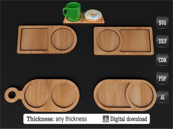 Coffee Tray Laser Cut Files, Wooden Cup and Snack Tray SVG DXF , CNC Coffee Serving Board Template