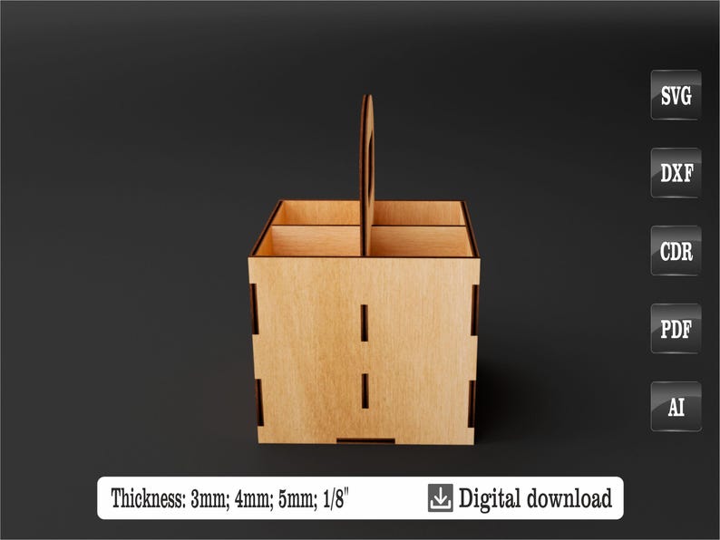 Puede incluir: Un organizador de madera con asa, con cuatro compartimentos. La caja es de madera clara y tiene un asa para facilitar su transporte. El grosor es de 3mm, 4mm, 5mm. La imagen tambi&eacute;n incluye el texto "Digital download".