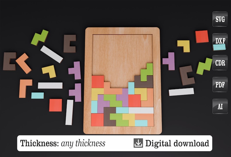K&ouml;nnte beinhalten: Holz-Tetris-Puzzle mit bunten geometrischen Formen, teilweise in einem Holzrahmen zusammengesetzt. Das Bild enth&auml;lt den Text "Thickness: any thickness" und "Digital download". Verschiedene Formen sind um den Rahmen herum verstreut.