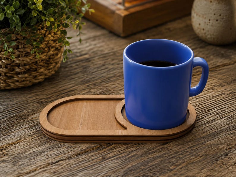 Pode incluir: Uma caneca de cer&acirc;mica azul s&oacute;lida com al&ccedil;a est&aacute; sobre uma bandeja de madeira marrom clara. A bandeja tem um formato oval com um recorte circular projetado para segurar a base da caneca com seguran&ccedil;a, deixando uma superf&iacute;cie plana ao lado.