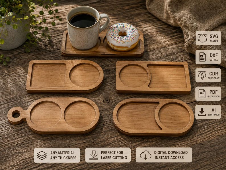 Pode incluir: Uma cole&ccedil;&atilde;o de cinco bandejas de madeira com se&ccedil;&otilde;es rebaixadas para copos e lanches, incluindo uma com uma caneca de caf&eacute; e um donut. A imagem exibe formatos de arquivo digitais SVG, DXF, CDR, PDF e AI para projetos de corte a laser.