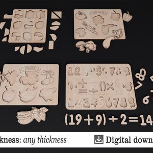 Peut inclure: Quatre planches de puzzle en bois avec différentes formes et images. La première planche a un thème de fruits avec des images de raisins, de cerises, de pommes et de bananes. La deuxième planche a un thème de légumes avec des images de carottes, d'oignons, d'aubergines et de champignons. La troisième planche a un thème de nombres avec les nombres de 0 à 9 et des symboles mathématiques. La quatrième planche a un thème de nombres avec les nombres de 1 à 9 et l'équation (19+9)+2=14.