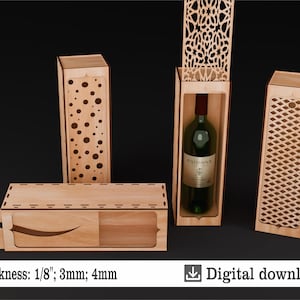 May include: Four laser cut wooden wine bottle boxes with different designs. The boxes are made of 1/8 inch, 3 mm, or 4 mm thick wood. The designs include a geometric pattern, a polka dot pattern, a grid pattern, and a floral pattern. The boxes are available for digital download in SVG, DXF, CDR, PDF, and AI formats.