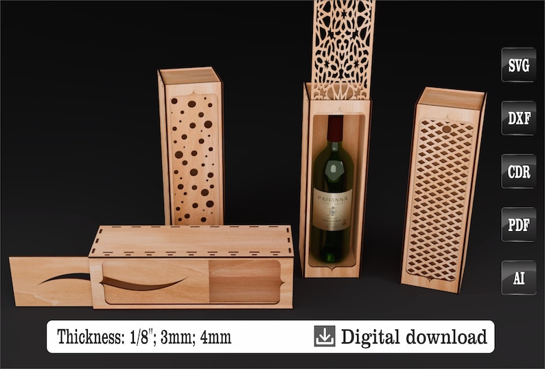 May include: Four laser cut wooden wine bottle boxes with different designs. The boxes are made of 1/8 inch, 3 mm, or 4 mm thick wood. The designs include a geometric pattern, a polka dot pattern, a grid pattern, and a floral pattern. The boxes are available for digital download in SVG, DXF, CDR, PDF, and AI formats.