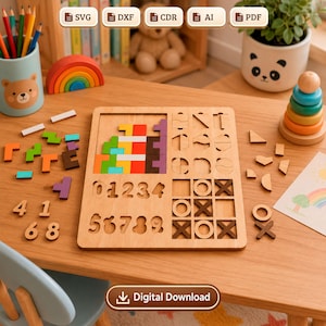 4 in 1 Multi Learning Board SVG, Puzzle educativo in legno File per taglio laser, Modello Montessori Busy Board, Giocattolo educativo per bambini CNC DXF
