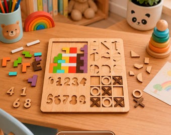 4 in 1 Multi Lernbrett SVG, Holz Lernpuzzle Laser geschnitten Datei, Montessori Busy Board Vorlage, Kinder Lernspielzeug CNC DXF
