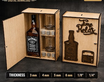 Caja para botella de whisky cortada con láser – Archivo SVG para carpintería (descarga digital)