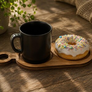 Pode incluir: Uma caneca de cer&acirc;mica preta mate sobre uma t&aacute;bua de servir de madeira, ao lado de um donut com cobertura e granulado colorido. A t&aacute;bua de madeira apresenta uma pega circular recortada e uma &aacute;rea circular rebaixada para a caneca.