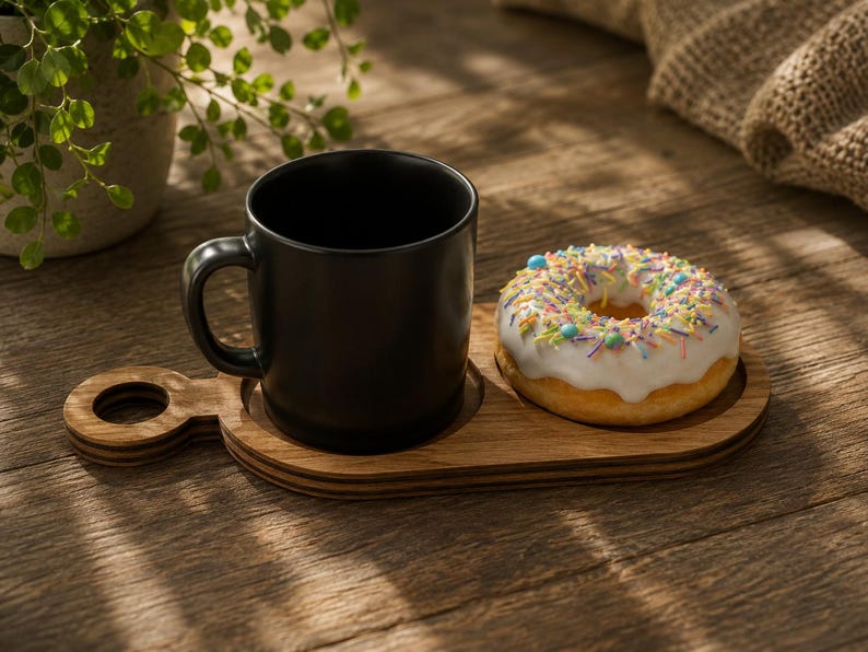 Pode incluir: Uma caneca de cer&acirc;mica preta mate sobre uma t&aacute;bua de servir de madeira, ao lado de um donut com cobertura e granulado colorido. A t&aacute;bua de madeira apresenta uma pega circular recortada e uma &aacute;rea circular rebaixada para a caneca.