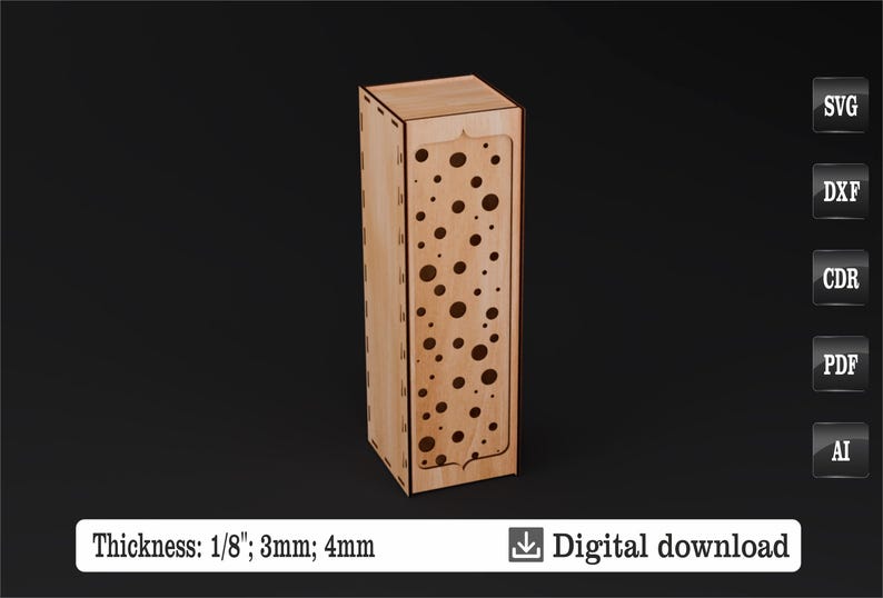 May include: A laser cut wooden box with a polka dot pattern. The box is 1/8 inch thick and is available in 3mm and 4mm thicknesses. The box is a digital download and comes in SVG, DXF, CDR, PDF, and AI formats.