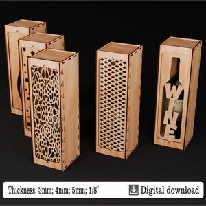 Set of five wooden wine boxes with decorative laser patterns and transparent fronts. Different lid designs are available: wavy cut, circles, openwork, lattice pattern and WINE lettering. Available file formats: SVG, DXF, CDR, PDF, AI. Material thicknesses: 3mm, 4mm, 5mm, 1/8 inch. Digital download