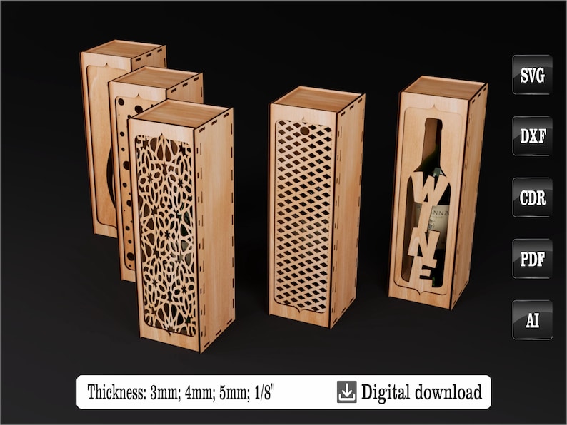 Set of five wooden wine boxes with decorative laser patterns and transparent fronts. Different lid designs are available: wavy cut, circles, openwork, lattice pattern and WINE lettering. Available file formats: SVG, DXF, CDR, PDF, AI. Material thicknesses: 3mm, 4mm, 5mm, 1/8 inch. Digital download