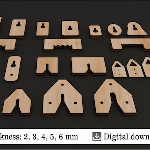 Może przedstawiać: Zestaw 14 drewnianych kształtów wyciętych laserowo do projektów stolarskich. Kształty obejmują różne rozmiary trójkątów, prostokątów i kilka z otworami. Kształty są zaprojektowane do użycia jako narożniki lub elementy dekoracyjne. Widoczny jest również tekst "Grubość: 2, 3, 4, 5, 6 mm" i "Pobierz cyfrowo".