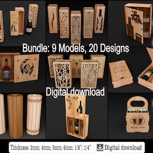 Könnte beinhalten: Eine Sammlung lasergeschnittener Holzkisten und -halter, darunter Weinflaschenhalter, Geschenkboxen und ein Bierdosenhalter. Das Bild zeigt verschiedene Designs mit komplizierten Mustern und den Texten "Bundle: 9 Models, 20 Designs" und "Digital download".