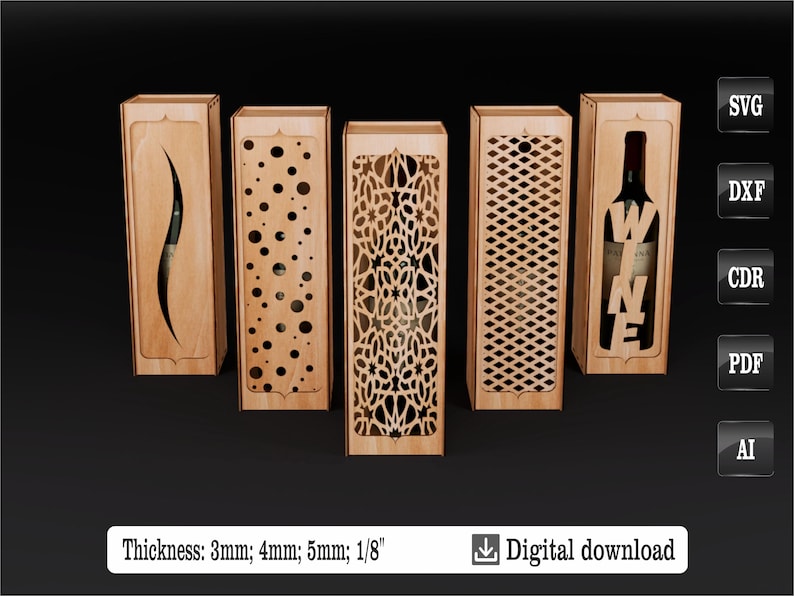 Set of five wooden wine boxes with decorative laser patterns and transparent fronts. Different lid designs are available: wavy cut, circles, openwork, lattice pattern and WINE lettering. Available file formats: SVG, DXF, CDR, PDF, AI. Material thicknesses: 3mm, 4mm, 5mm, 1/8 inch. Digital download