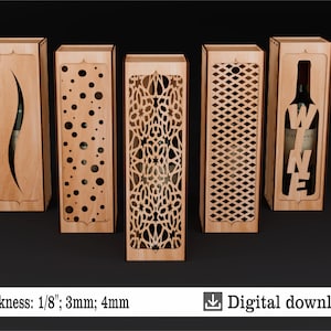 Set of five wooden wine boxes with decorative laser patterns and transparent fronts. Different lid designs are available: wavy cut, circles, openwork, lattice pattern and WINE lettering. Available file formats: SVG, DXF, CDR, PDF, AI. Material thicknesses: 3mm, 4mm, 5mm, 1/8 inch. Digital download