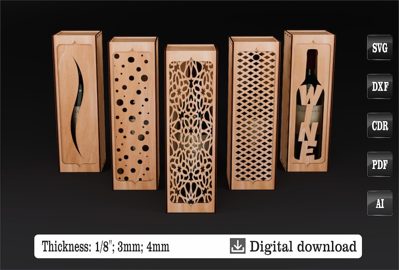 Set of five wooden wine boxes with decorative laser patterns and transparent fronts. Different lid designs are available: wavy cut, circles, openwork, lattice pattern and WINE lettering. Available file formats: SVG, DXF, CDR, PDF, AI. Material thicknesses: 3mm, 4mm, 5mm, 1/8 inch. Digital download