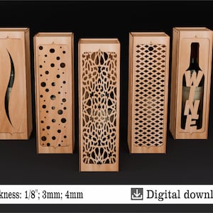 Set of five wooden wine boxes with decorative laser patterns and transparent fronts. Different lid designs are available: wavy cut, circles, openwork, lattice pattern and WINE lettering. Available file formats: SVG, DXF, CDR, PDF, AI. Material thicknesses: 3mm, 4mm, 5mm, 1/8 inch. Digital download