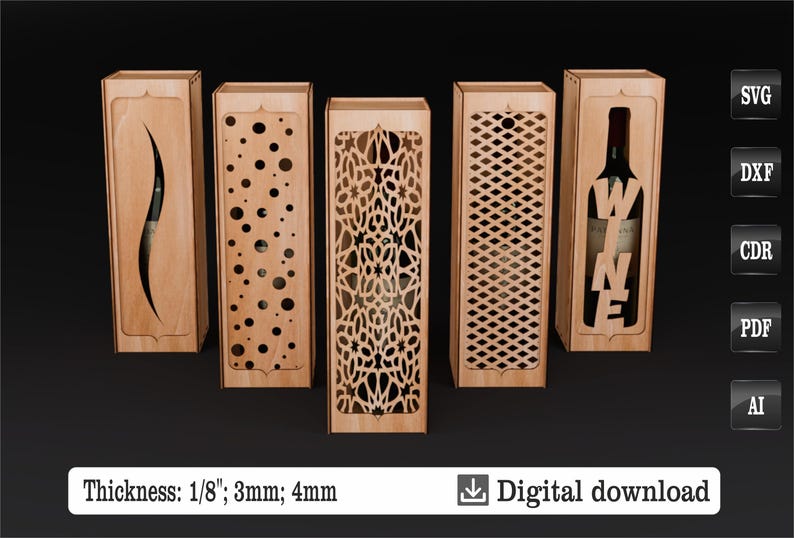 Set of five wooden wine boxes with decorative laser patterns and transparent fronts. Different lid designs are available: wavy cut, circles, openwork, lattice pattern and WINE lettering. Available file formats: SVG, DXF, CDR, PDF, AI. Material thicknesses: 3mm, 4mm, 5mm, 1/8 inch. Digital download