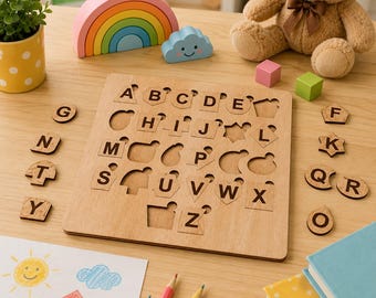 Puzzle alfabetyczne SVG | Plik wycinany laserowo do układania liter alfabetu | Drewniana zabawka Montessori | Glowforge SVG