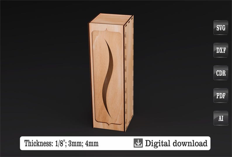 May include: A wooden box with a decorative cutout design. The box is made of 1/8 inch, 3mm, or 4mm thick wood. The box is available as a digital download in SVG, DXF, CDR, PDF, and AI formats.