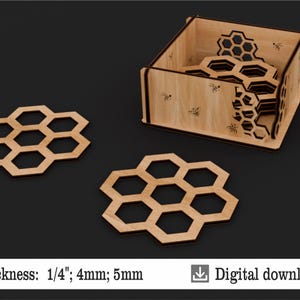 May include: A set of six wooden coasters with a honeycomb design. The coasters are stacked in a wooden holder with a honeycomb design. The coasters are available in 1/4 inch, 4 mm, and 5 mm thicknesses.