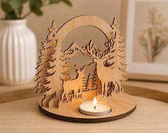 Porta-velas de veado em SVG para corte a laser | Porta-velas de chá com tema de floresta em DXF e AI | Arquivo para decoração rústica de floresta