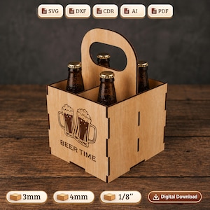 Archivo SVG para portabotellas de cerveza para corte láser, archivo DXF para portabotellas de cerveza, plantilla de caja de cerveza de madera, soporte para botellas de cerveza, archivo de corte láser CNC, descarga digital.
