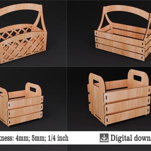 Może przedstawiać: Cztery projekty do pobrania cyfrowego do cięcia laserowego drewnianych skrzynek. Projekty obejmują skrzynię z uchwytem, skrzynię z uchwytem i wzorem kratowym oraz dwie skrzynie bez uchwytów. Tekst "Grubość: 4 mm; 5 mm; 1/4 cala" znajduje się na dole obrazu. Tekst "Pobierz cyfrowo" znajduje się na dole obrazu z ikoną pobierania.