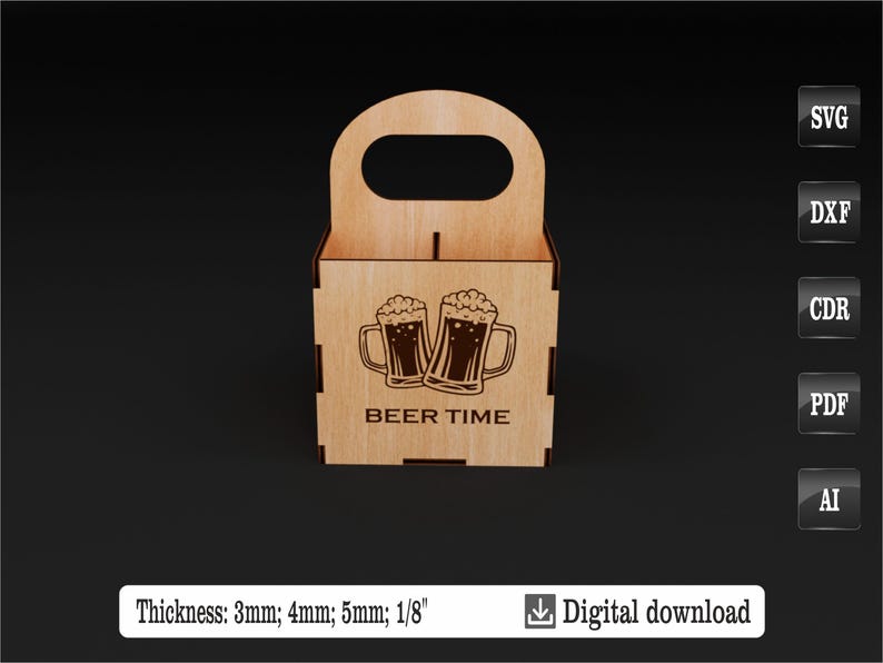 Puede incluir: Un portabotellas de cerveza de madera con asa, con un dise&ntilde;o grabado de dos jarras de cerveza y el texto "BEER TIME". El portabotellas es de madera clara y est&aacute; dise&ntilde;ado para contener varias botellas o latas.