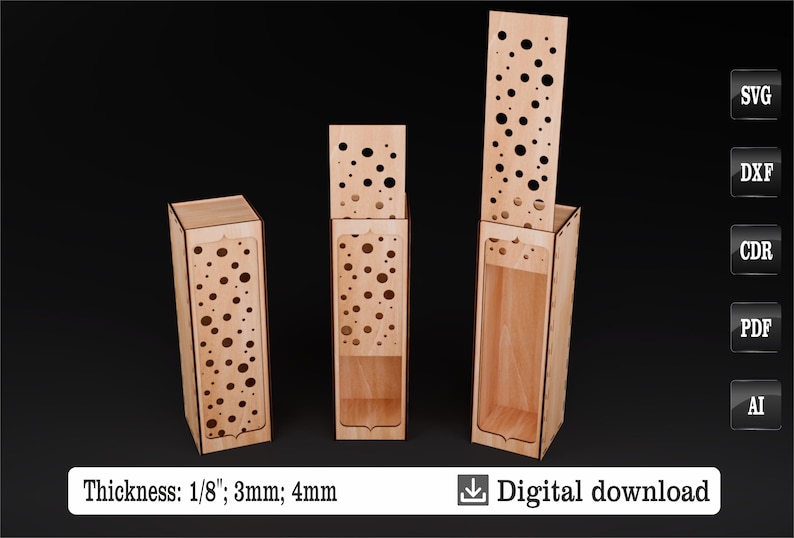 May include: Three wooden boxes with a dotted pattern cut out. The boxes are 1/8 inch, 3 mm, and 4 mm thick. The boxes are for digital download in SVG, DXF, CDR, PDF, and AI formats.