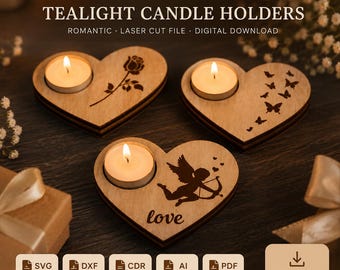 Heart Candle Holder SVG, Tealight Candle Holder Laser Cut File, Romantic Wooden Candle Decor, Valentine Candle Holder DXF, SVG Download