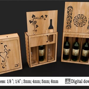 Peut inclure: Un porte-bouteille en bois avec un design décoratif. Le porte-bouteille a une découpe pour une bouteille et une étagère pour les verres. Le porte-bouteille est en bois et a une finition naturelle. Le porte-bouteille est disponible en plusieurs tailles et épaisseurs. Épaisseur : 1/8", 1/4", 3 mm, 4 mm, 5 mm, 6 mm.