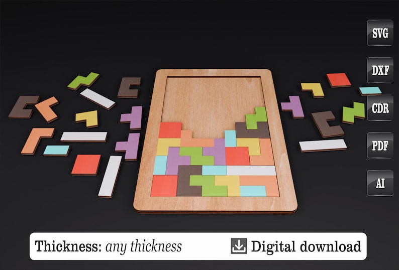K&ouml;nnte beinhalten: Holz-Tetris-Puzzle mit bunten geometrischen Formen, einige davon in einem Holzrahmen platziert. Der Text "Thickness: any thickness" ist sichtbar. Digitaler Download.