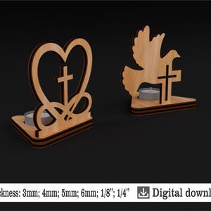 Christlicher Kerzenhalter SVG - Kreuzherz & Taube mit Kreuz - Laser Cut Datei für Glowforge, CNC, Cricut - Religiöser Teelichthalter