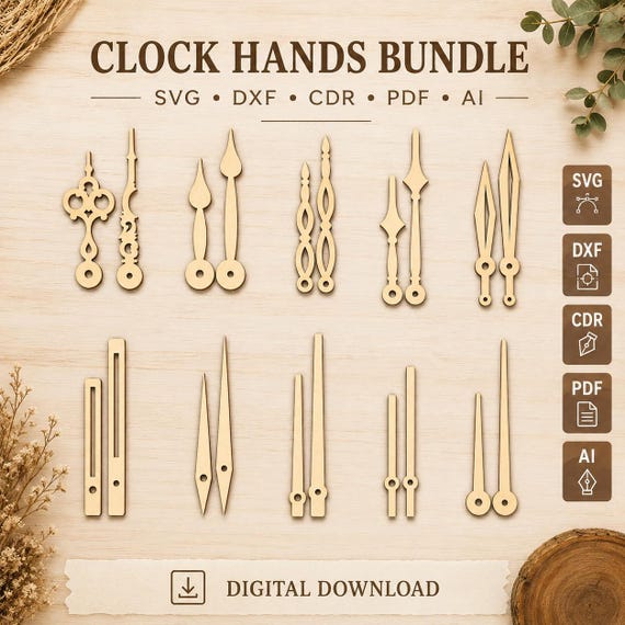 Clock Hands SVG Bundle | Laser Cut Clock Hands Files  | CNC Clock Hands Template | Glowforge, Lightburn, XTool