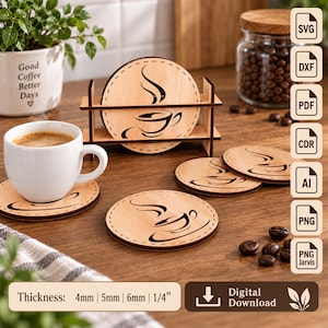 May include: A set of circular light-colored wooden coasters featuring a black coffee cup graphic, displayed with a matching wooden holder. The coasters are shown with a white ceramic cup and coffee beans. Text indicates thicknesses of 4mm, 5mm, 6mm, and 1/4 inch.