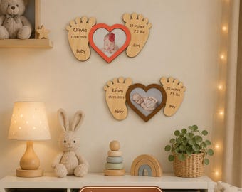 Baby Birth Stats Frame SVG, Newborn Footprint Photo Frame, Baby Nursery Wall Decor DXF, Personalized Baby Gift File, Wooden Baby Keepsake