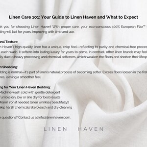 May include: Linen Care 101: Your Guide to Linen Haven and What to Expect.  Text about linen bedding care, including natural texture, shedding, and washing instructions.  The text is on a white linen background.