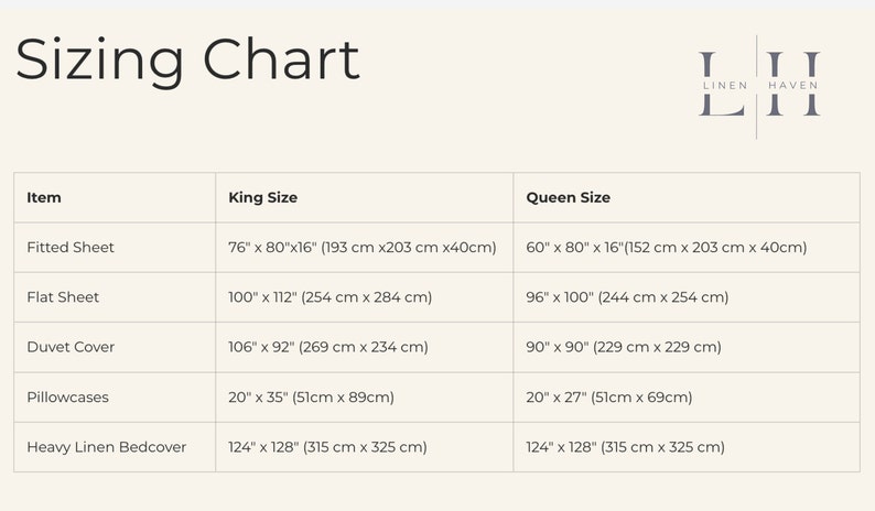 May include: A sizing chart for king and queen size bedding, including fitted sheet, flat sheet, duvet cover, pillowcases, and heavy linen bedcover. Measurements are provided in inches and centimeters.