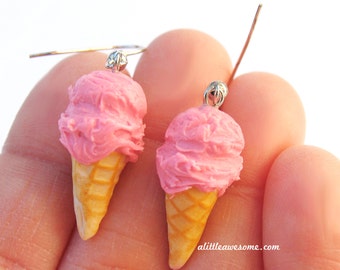 Strawberry Ice Cream Cone Earrings, Ice Cream Earrings, Polymer Clay Food, Food Jewelry, Miniature Food Jewelry