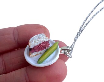 Corned beef sandwich with a pickle necklace, kosher deli, miniature food