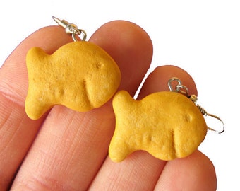 EARRINGS Goldfish Earrings, Cracker Earrings, Goldfish Crackers, Food Jewelry, Miniature Food Earrings, Cracker Jewelry