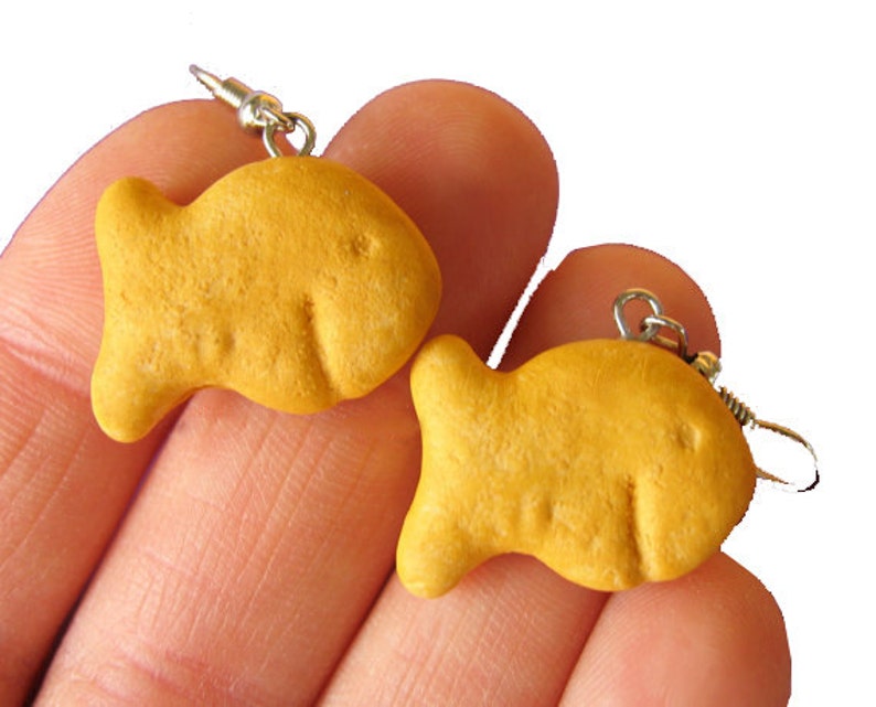 EARRINGS Goldfish Earrings, Cracker Earrings, Goldfish Crackers, Food Jewelry, Miniature Food Earrings, Cracker Jewelry image 1