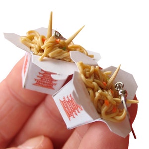 Chinese Take Out Earrings, Miniature Food Jewelry, Polymer Clay Food Earrings, Ethnic food, Chinese Food, Take Out, Lo Mein, Lo Mien