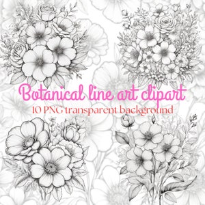 Blumen Linie Clipart-Bundle, Blumen botanische Illustrationen Set, dekorative Hochzeitspflanzen, kommerzielle Nutzung PNG SVG